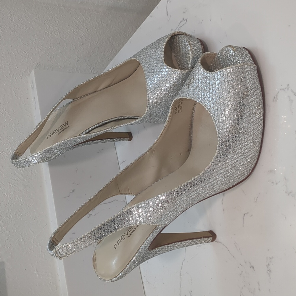 Silver glittery slingback platform stilettos